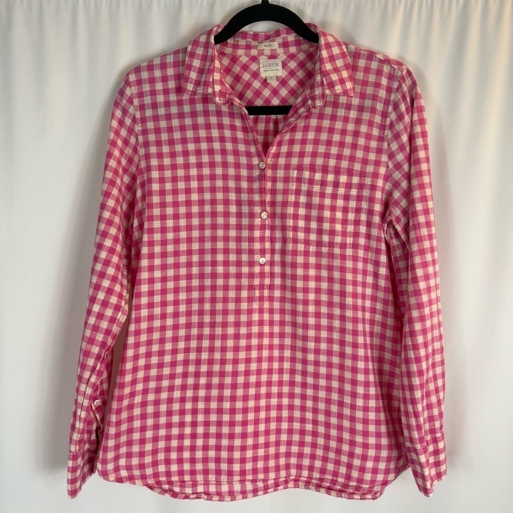 J. Crew Pink and White Checkered Boy Fit Shirt Size:M